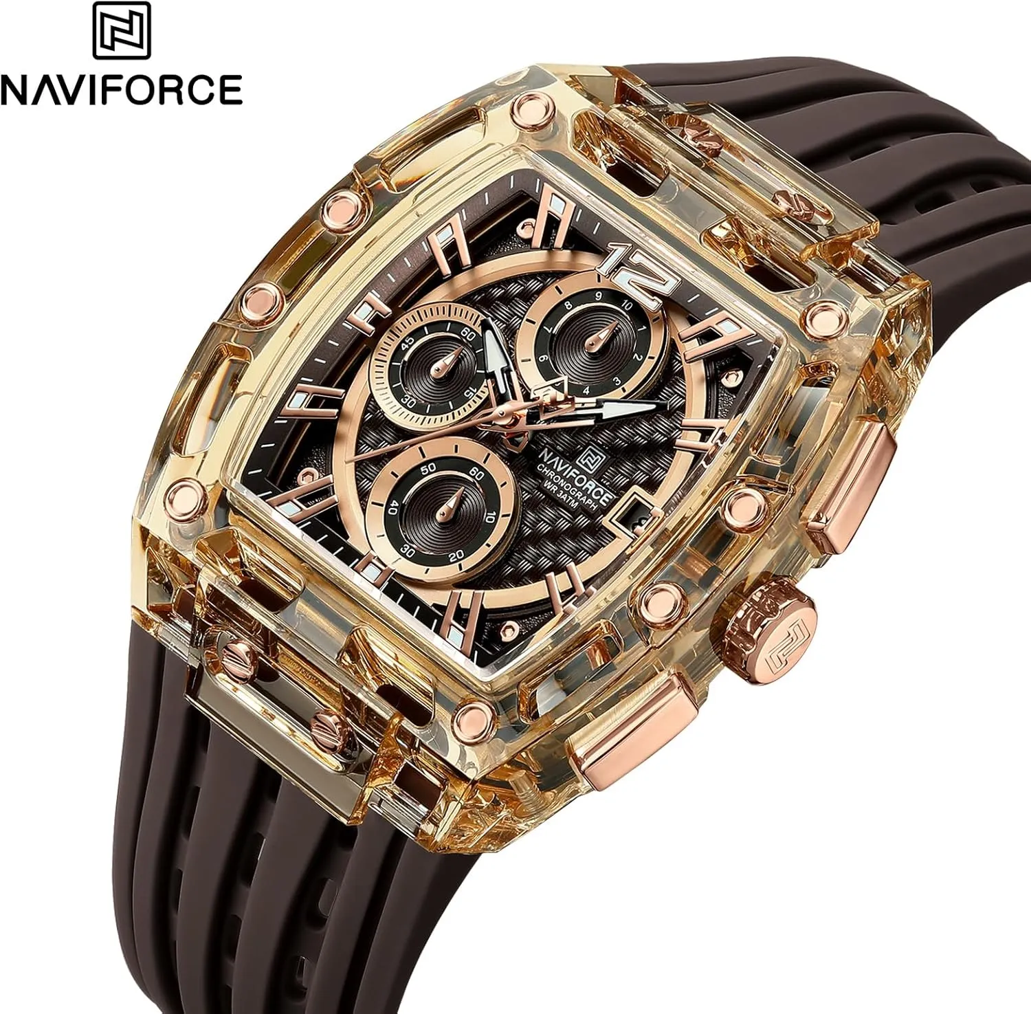 NAVIFORCE Men's Watch Fashion Sport Rectangle Wrist Watches (Chronograph/Waterproof/Luminous/Calendar) Silicon Strap Quartz Watch for Men