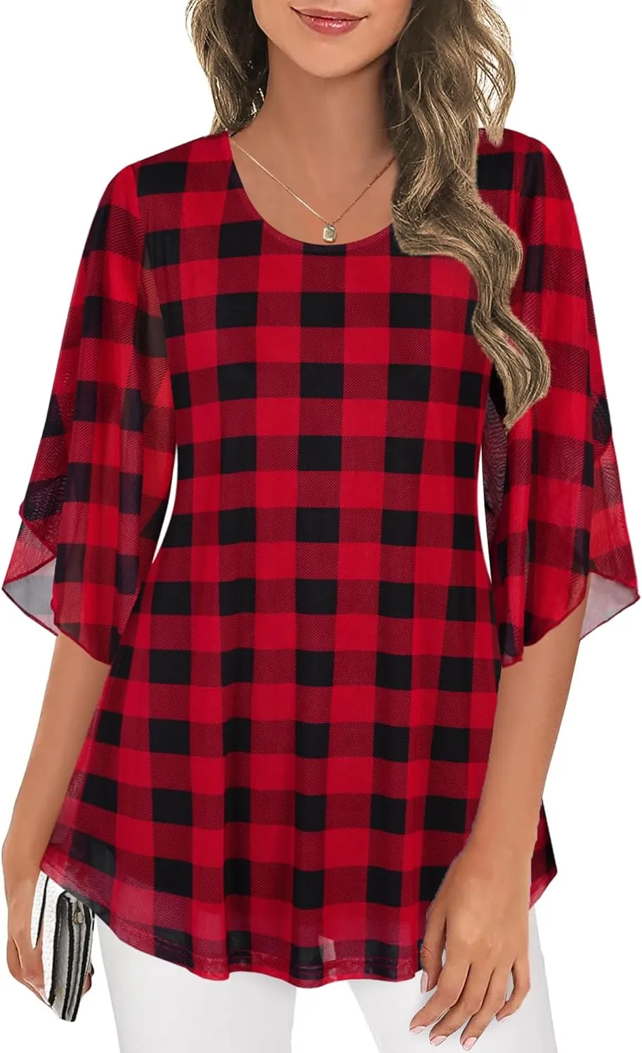 Ninedaily Women's Tops 3/4 Sleeve Blouses Dressy Casual Double Layers Mesh Tunic Shirts