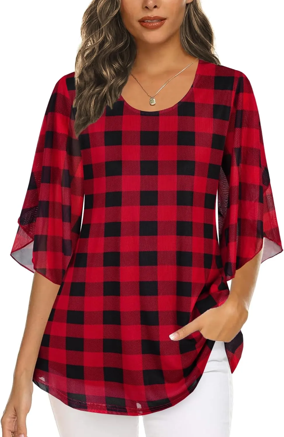 Ninedaily Women's Tops 3/4 Sleeve Blouses Dressy Casual Double Layers Mesh Tunic Shirts