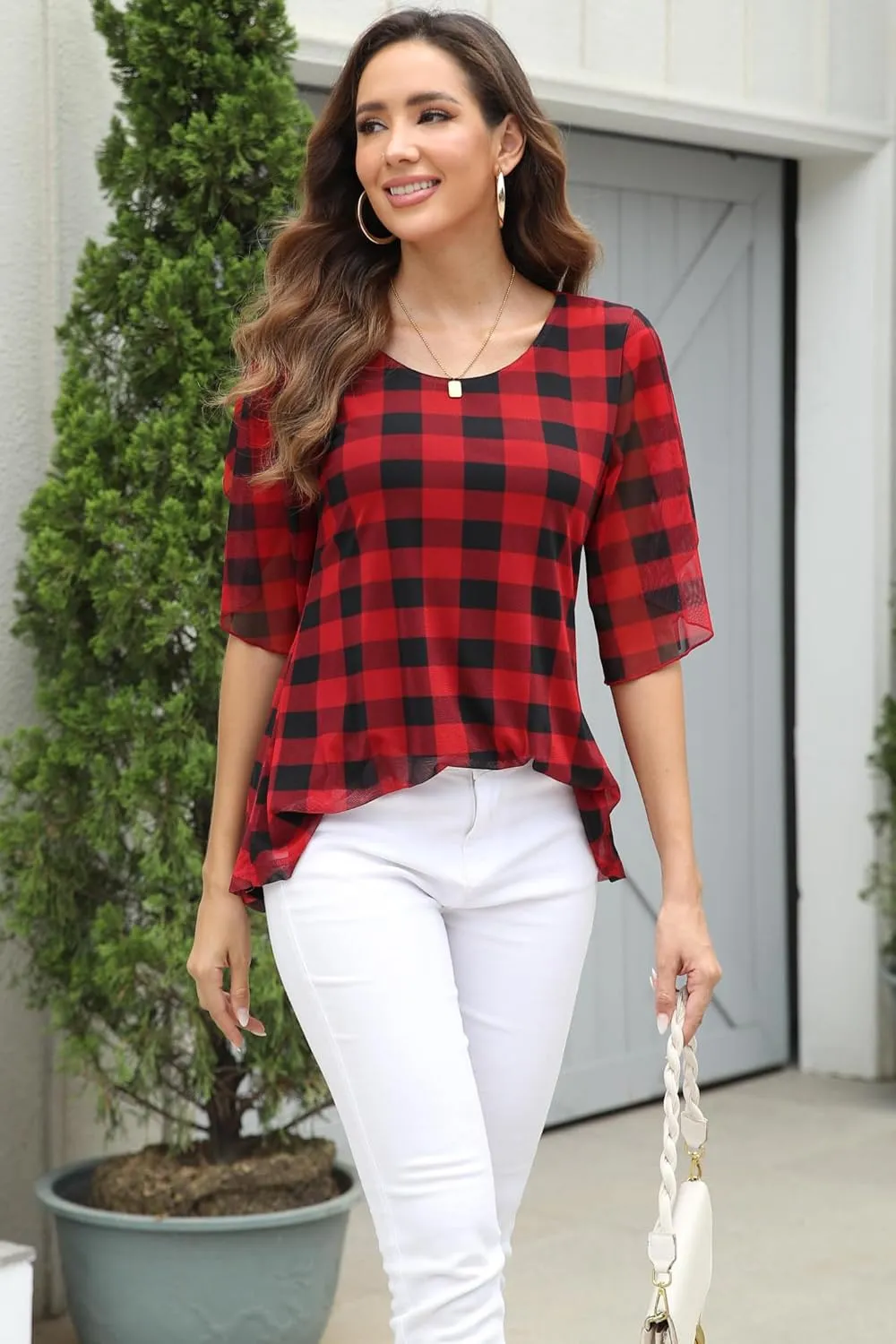 Ninedaily Women's Tops 3/4 Sleeve Blouses Dressy Casual Double Layers Mesh Tunic Shirts
