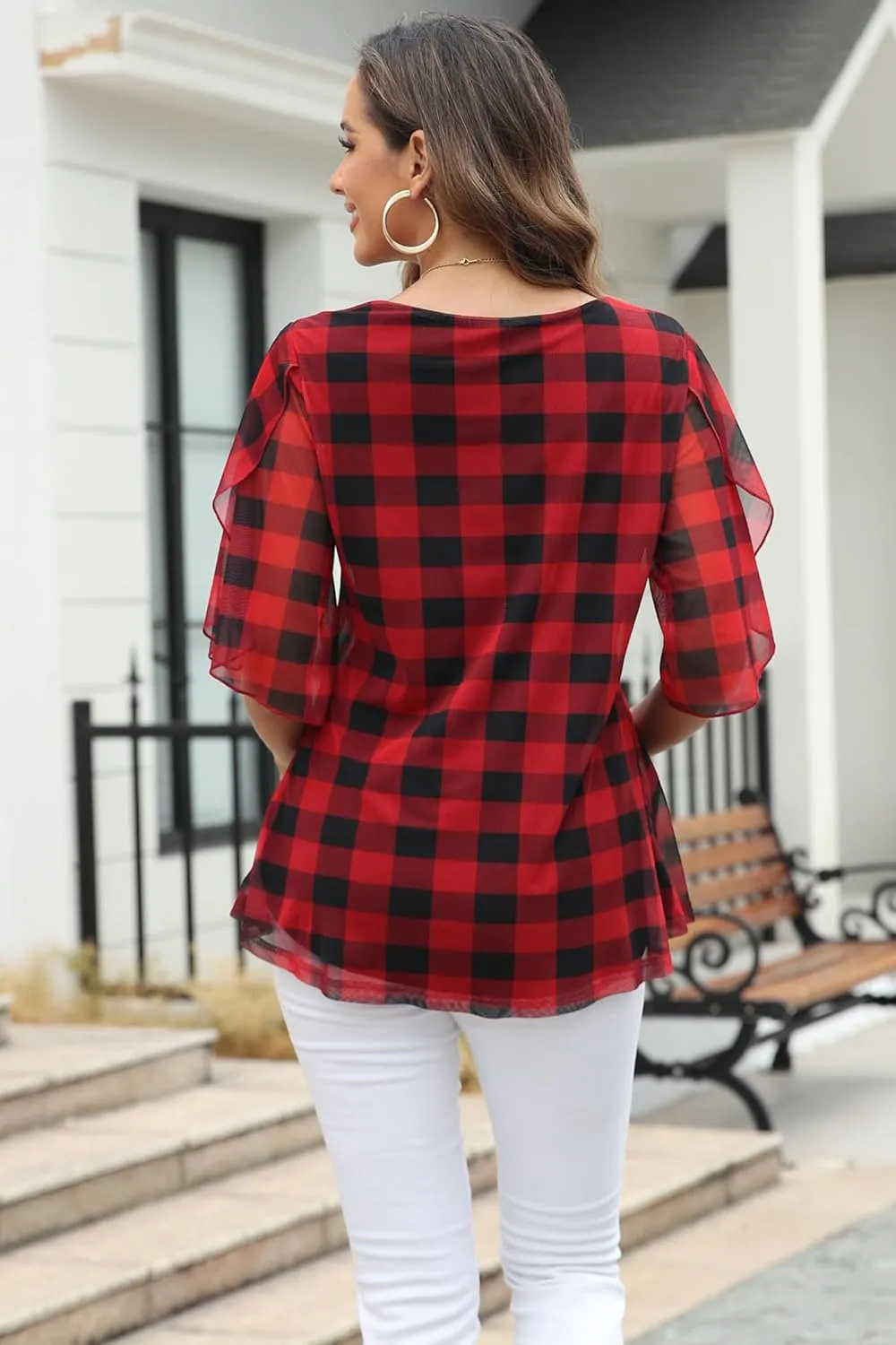 Ninedaily Women's Tops 3/4 Sleeve Blouses Dressy Casual Double Layers Mesh Tunic Shirts