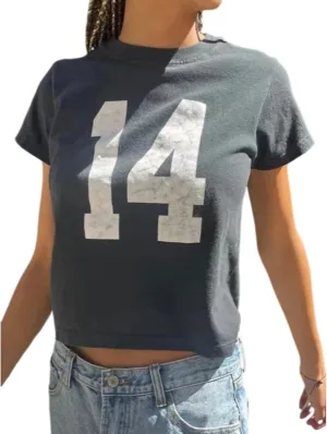Number 14 Fitted Tee Jersey Summer Crop Top Short Sleeve Y2k Shirt Graphic Baby Tee Women