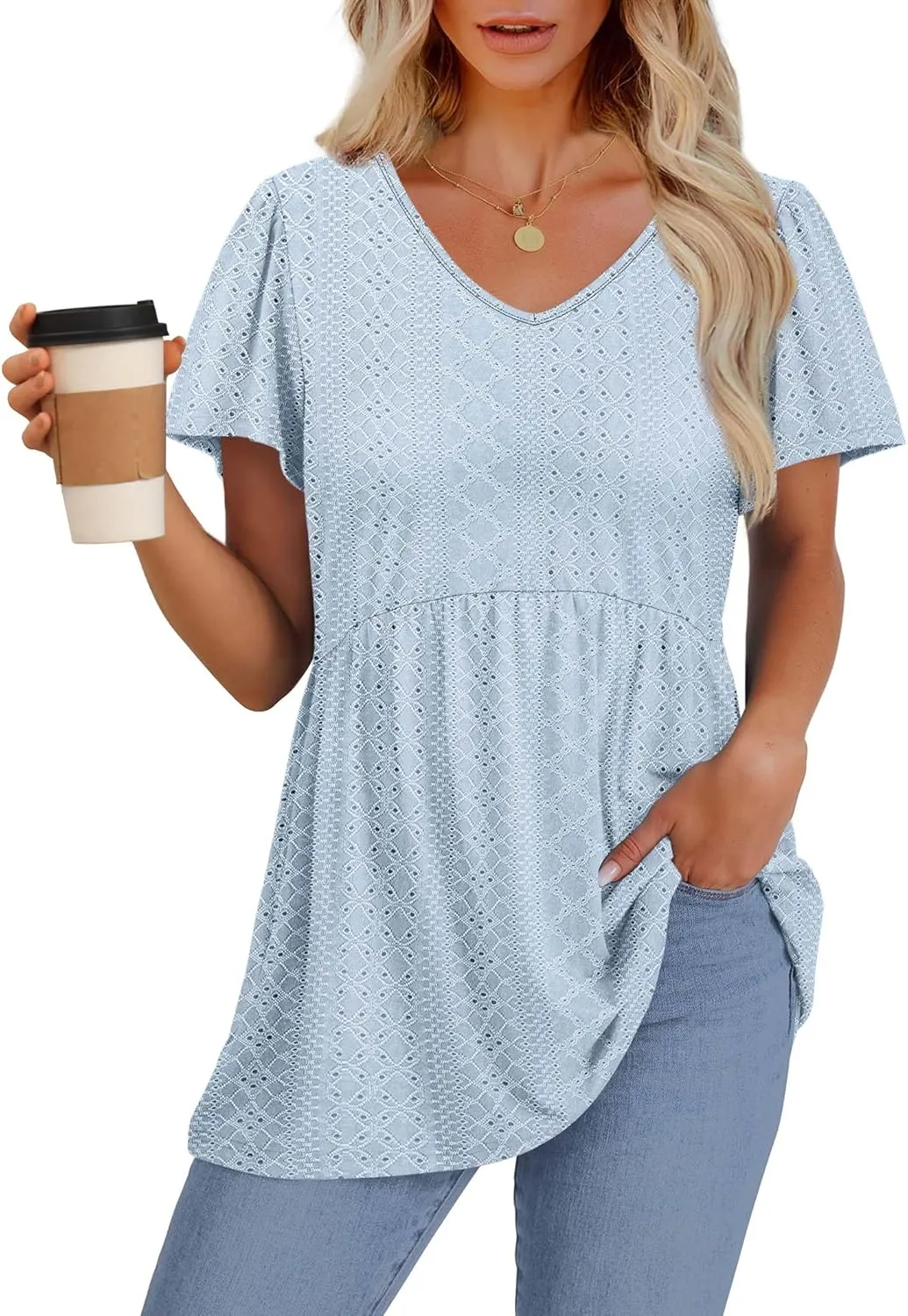 OFEEFAN Womens Summer Tops Babydoll Short Sleeve Shirts Puff Sleeve Peplum Tops V Neck T Shirts