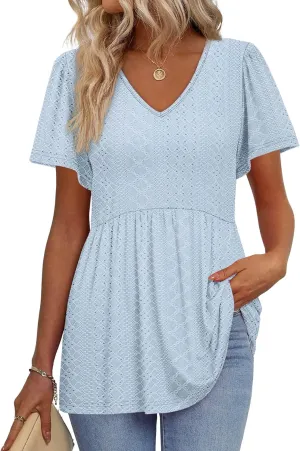 OFEEFAN Womens Summer Tops Babydoll Short Sleeve Shirts Puff Sleeve Peplum Tops V Neck T Shirts