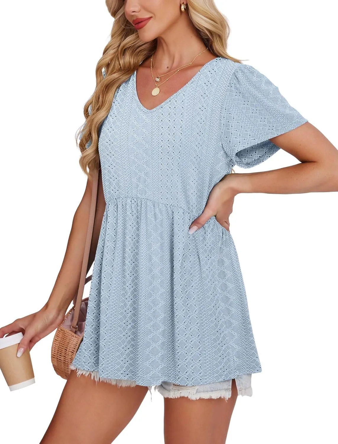 OFEEFAN Womens Summer Tops Babydoll Short Sleeve Shirts Puff Sleeve Peplum Tops V Neck T Shirts