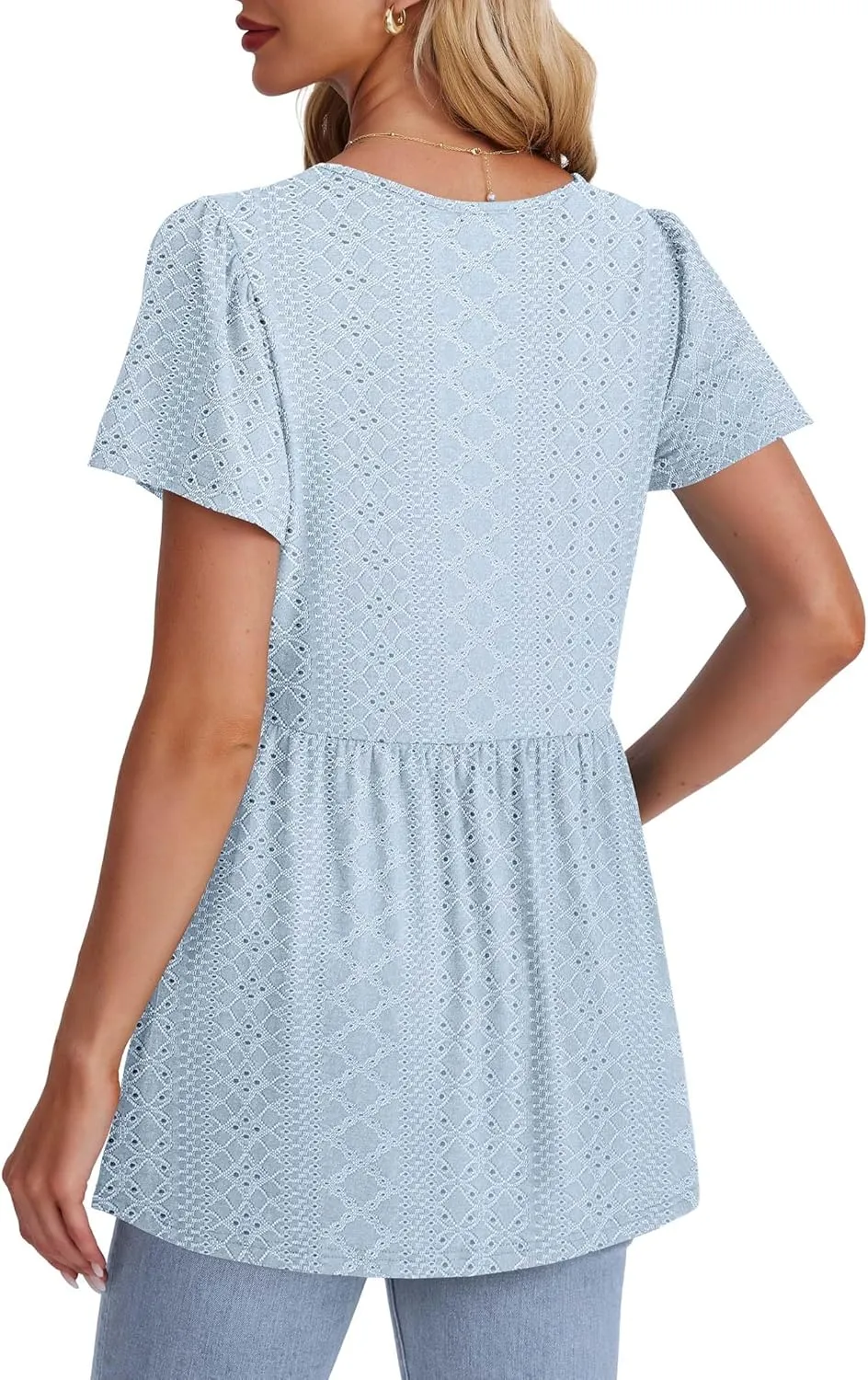 OFEEFAN Womens Summer Tops Babydoll Short Sleeve Shirts Puff Sleeve Peplum Tops V Neck T Shirts