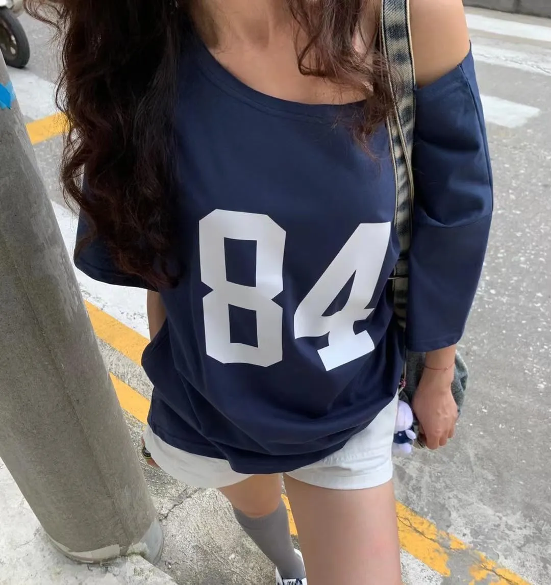Off The Shoulder Tops for Women Short Sleeve Y2K Jersey Number Graphic Oversized Tshirts E-Girl Tees