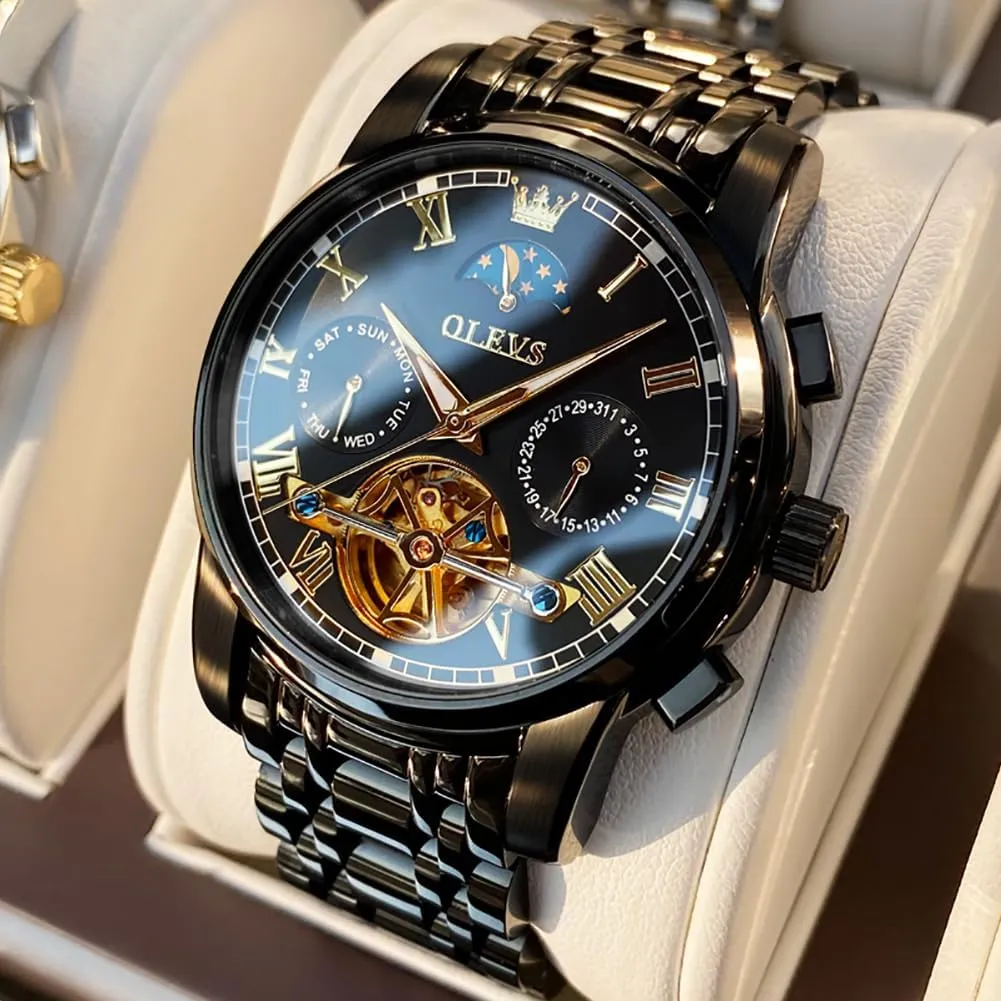 OLEVS Automatic Self-Winding Men's Watch With Date Day Calendar Display - Stainless Steel Skeleton Movement Tourbillon - No Battery Waterproof for Man