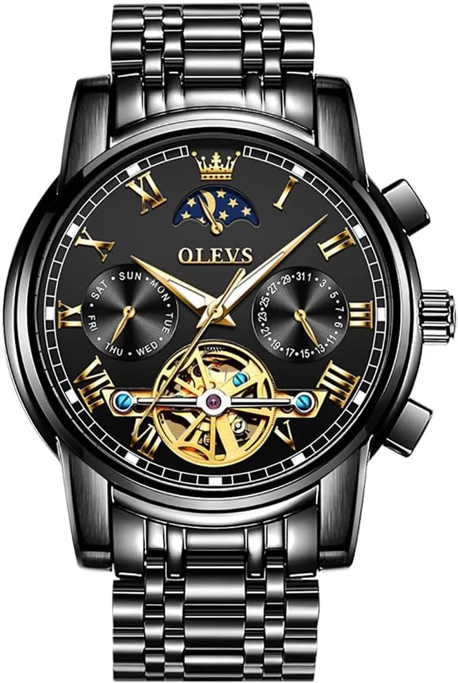 OLEVS Automatic Self-Winding Men's Watch With Date Day Calendar Display - Stainless Steel Skeleton Movement Tourbillon - No Battery Waterproof for Man