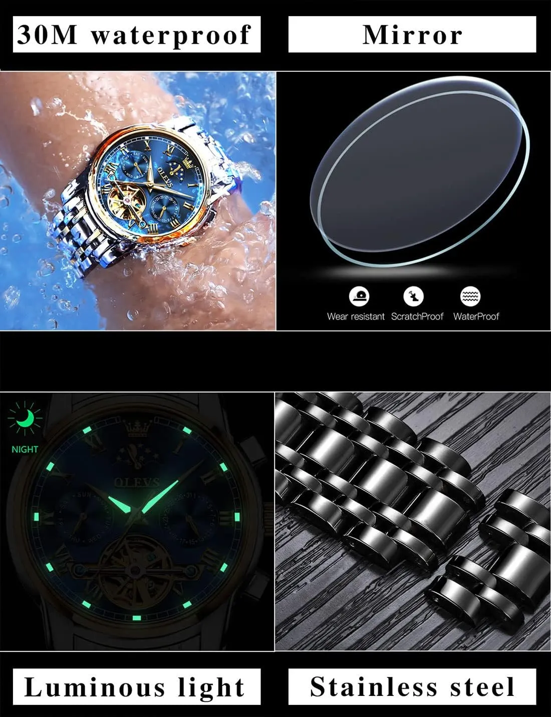 OLEVS Automatic Self-Winding Men's Watch With Date Day Calendar Display - Stainless Steel Skeleton Movement Tourbillon - No Battery Waterproof for Man