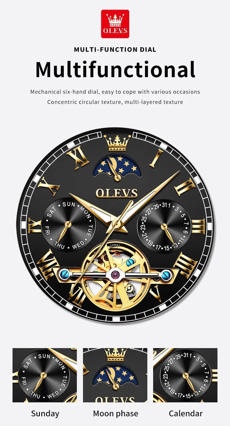 OLEVS Automatic Self-Winding Men's Watch With Date Day Calendar Display - Stainless Steel Skeleton Movement Tourbillon - No Battery Waterproof for Man