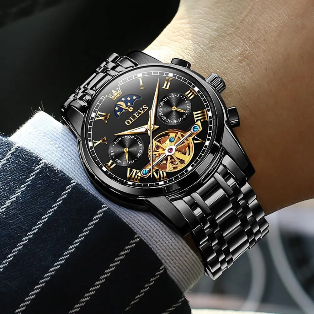 OLEVS Automatic Self-Winding Men's Watch With Date Day Calendar Display - Stainless Steel Skeleton Movement Tourbillon - No Battery Waterproof for Man