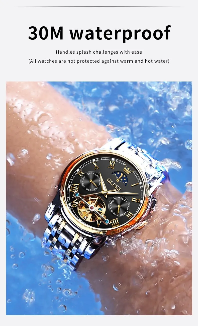 OLEVS Automatic Self-Winding Men's Watch With Date Day Calendar Display - Stainless Steel Skeleton Movement Tourbillon - No Battery Waterproof for Man