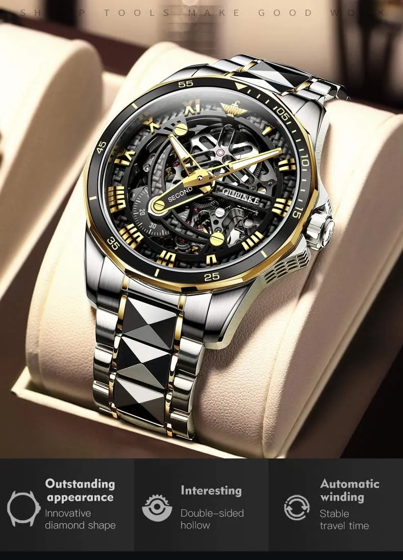 OLEVS Mens Automatic Watches for Men Skeleton Mechanical Luxury Black Silver Wrist Watches Waterproof Luminous Sapphire Crystal