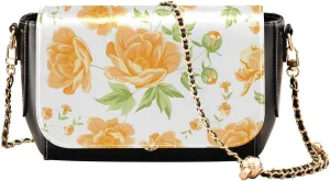 Orange Peony Crossbody Bags for Women, Trendy Small Shoulder Bag, PU Leather Clutch Purse Underarm Handbag Satchel HandBag with Adjustable Metal Chain