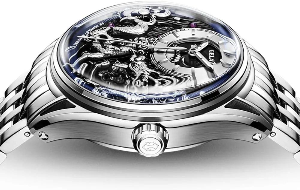 OUPINKE Watch for Men Automatic Wristwatch Sapphire Crystal Calendar Skeleton Luminous 3D Dial with 5ATM Waterproof Luxury Tungsten Steel Strap