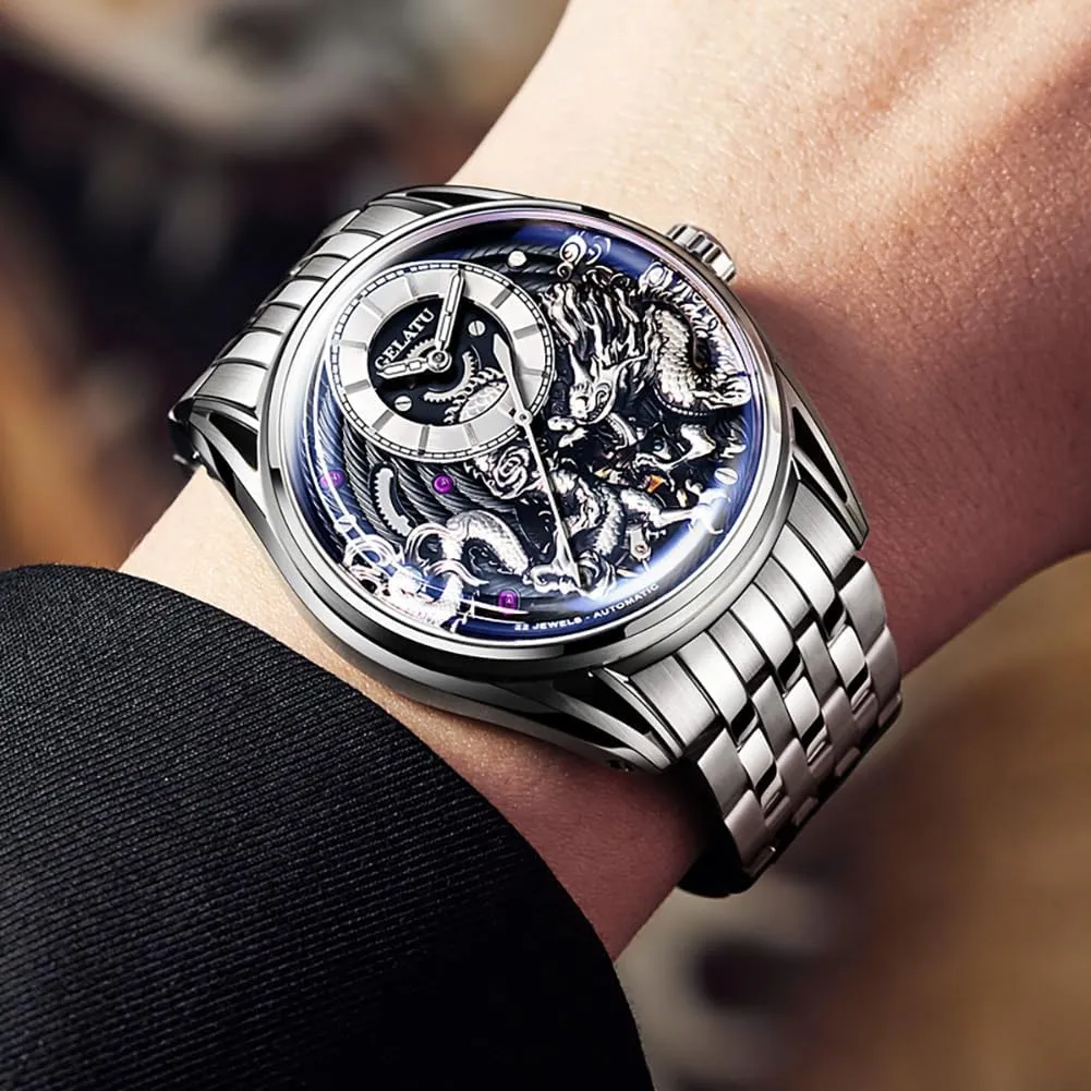 OUPINKE Watch for Men Automatic Wristwatch Sapphire Crystal Calendar Skeleton Luminous 3D Dial with 5ATM Waterproof Luxury Tungsten Steel Strap