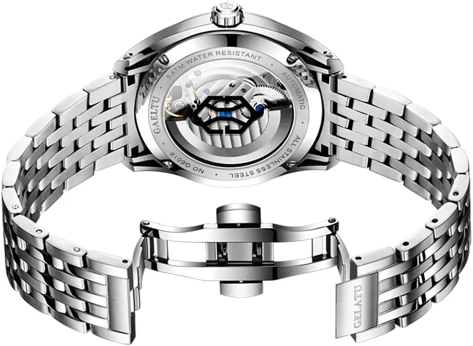 OUPINKE Watch for Men Automatic Wristwatch Sapphire Crystal Calendar Skeleton Luminous 3D Dial with 5ATM Waterproof Luxury Tungsten Steel Strap