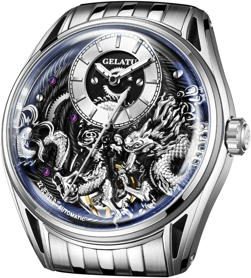 OUPINKE Watch for Men Automatic Wristwatch Sapphire Crystal Calendar Skeleton Luminous 3D Dial with 5ATM Waterproof Luxury Tungsten Steel Strap