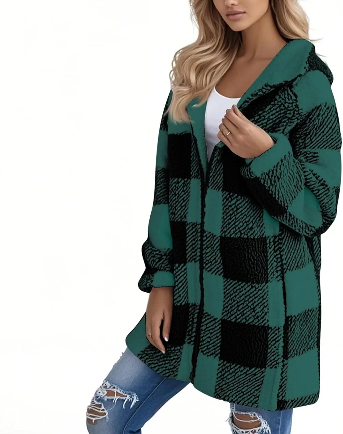 Oversized Sherpa Jacket Women Plus Size Plaid Fleece Full Zip Winter Coat Comfy Fuzzy Cardigan Sweater Hooded Outwear
