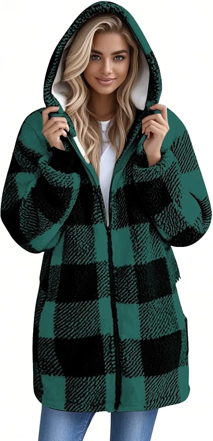 Oversized Sherpa Jacket Women Plus Size Plaid Fleece Full Zip Winter Coat Comfy Fuzzy Cardigan Sweater Hooded Outwear