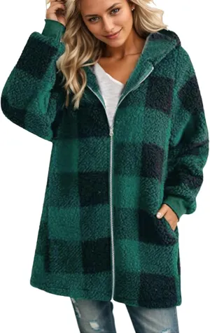 Oversized Sherpa Jacket Women Plus Size Plaid Fleece Full Zip Winter Coat Comfy Fuzzy Cardigan Sweater Hooded Outwear