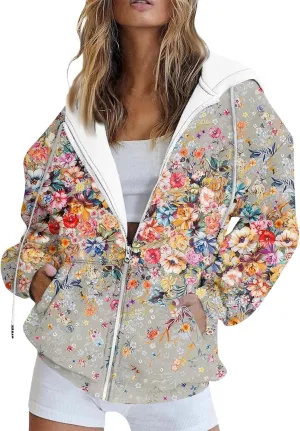 Oversized Sweatshirt For Women,Womens Casual Print Zip Up Hoodie Trendy Long Sleeve Sweatshirt With Pockets