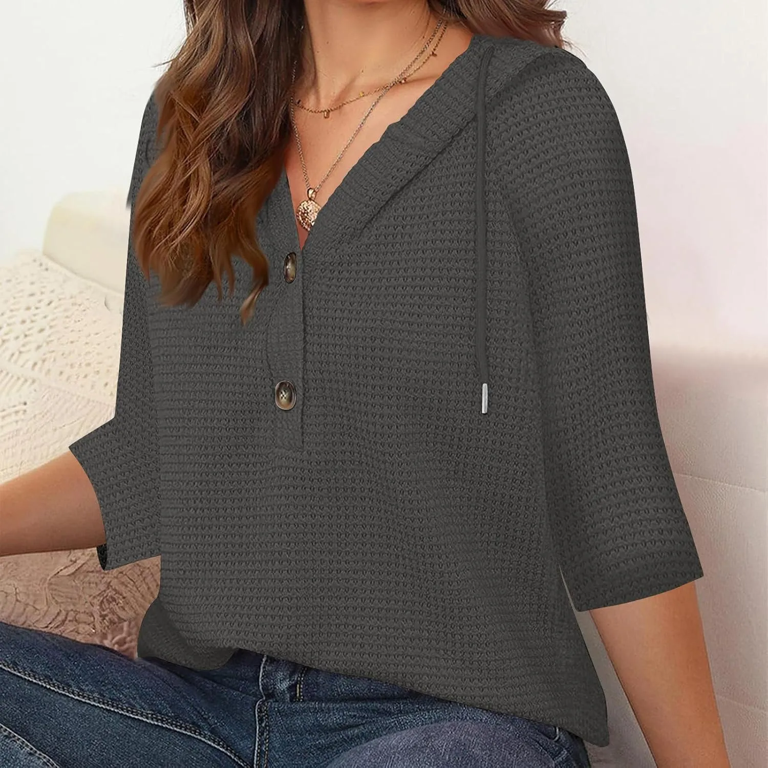 Oversized T Shirts for Women 3/4 Sleeve Waffle Button Down Tops Drawstring Hooded Henley V Neck Tshirts Cute Hoodies