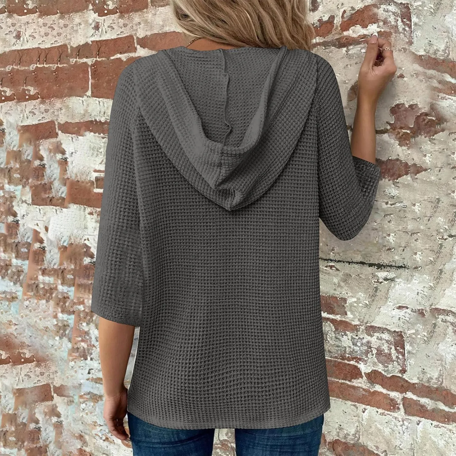 Oversized T Shirts for Women 3/4 Sleeve Waffle Button Down Tops Drawstring Hooded Henley V Neck Tshirts Cute Hoodies