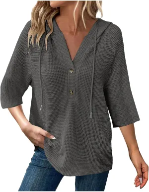 Oversized T Shirts for Women 3/4 Sleeve Waffle Button Down Tops Drawstring Hooded Henley V Neck Tshirts Cute Hoodies