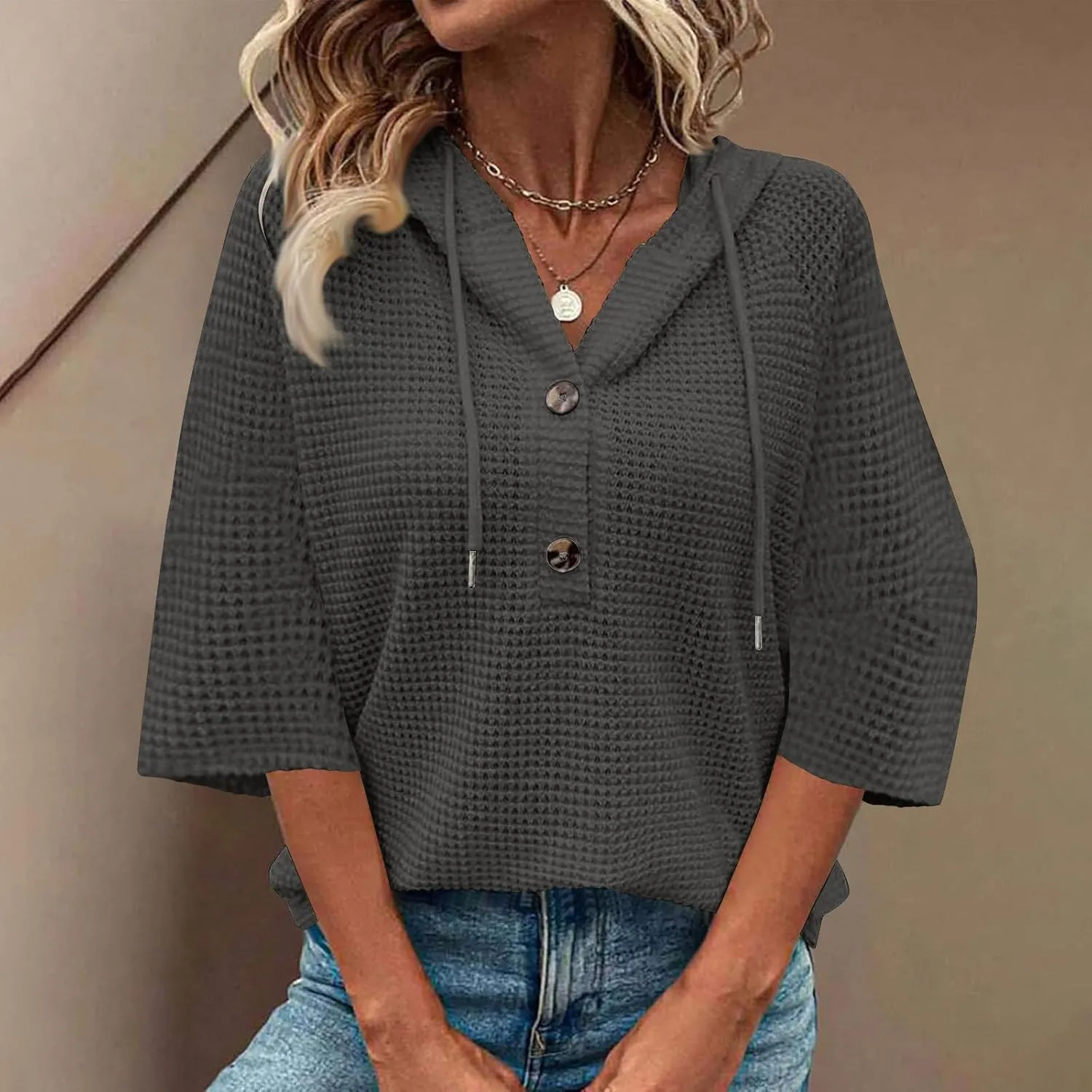 Oversized T Shirts for Women 3/4 Sleeve Waffle Button Down Tops Drawstring Hooded Henley V Neck Tshirts Cute Hoodies