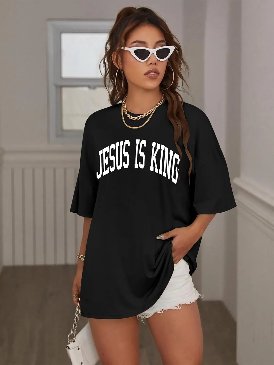 Oversized Tshirts for Women Christian Shirts Faith Over Fear Shirt Short Sleeve Jesus Tees Loose Casual Religious Tops