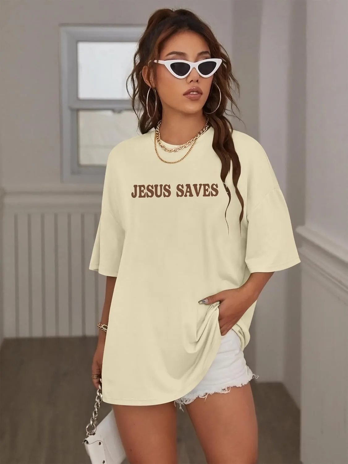 Oversized Tshirts for Women Christian Shirts Faith Over Fear Shirt Short Sleeve Jesus Tees Loose Casual Religious Tops