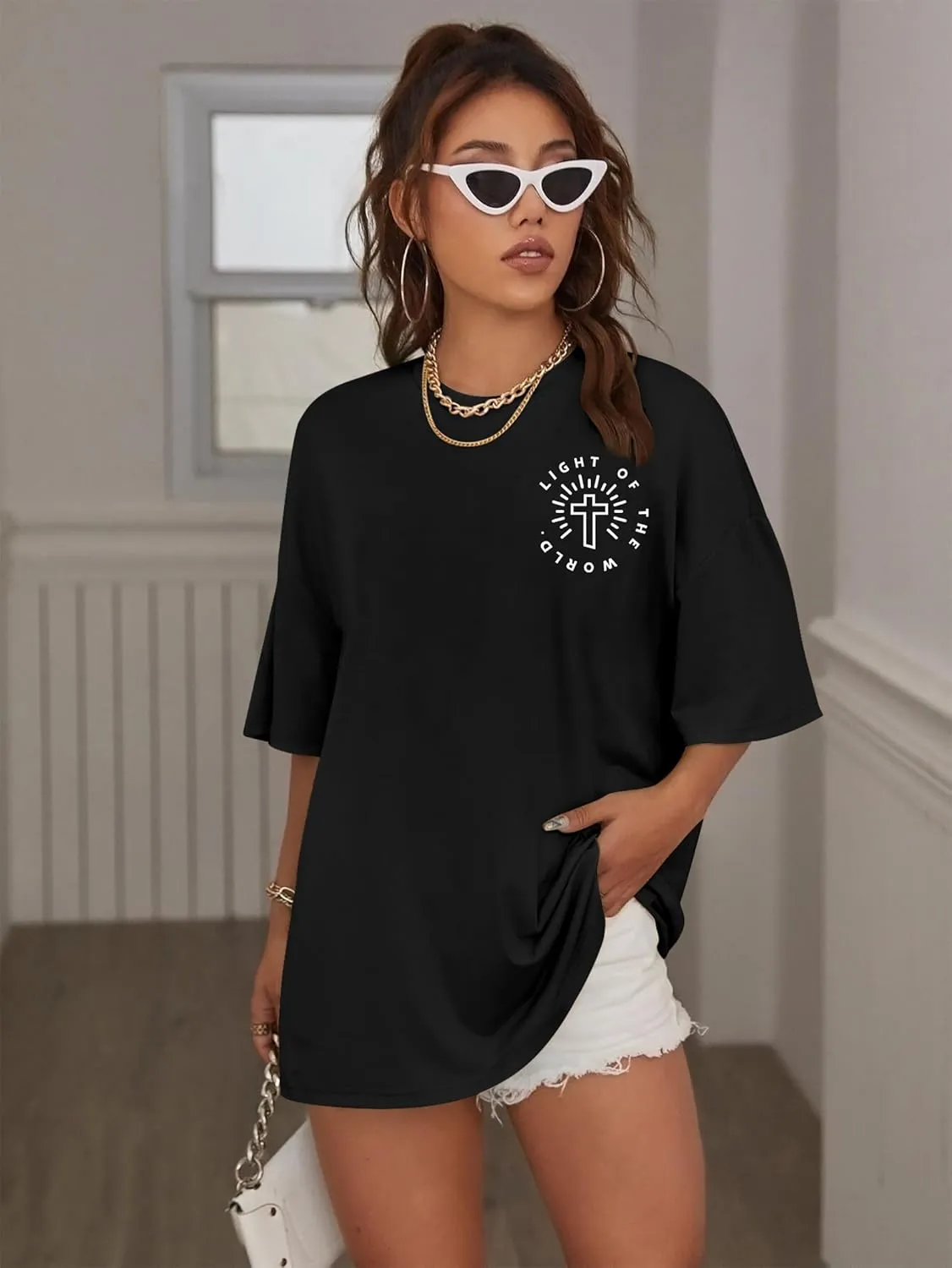 Oversized Tshirts for Women Christian Shirts Faith Over Fear Shirt Short Sleeve Jesus Tees Loose Casual Religious Tops