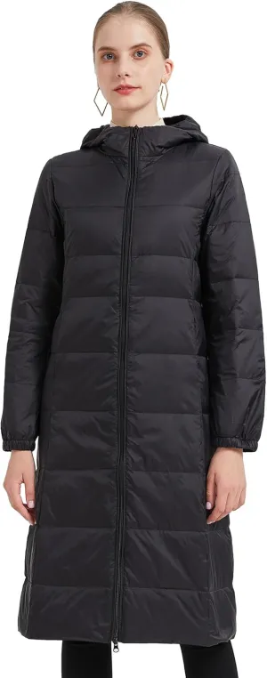 Packable Lightweight Long Down Jacket for Women Thin Warm Hooded Travel Down Coat(Available in Plus Size)