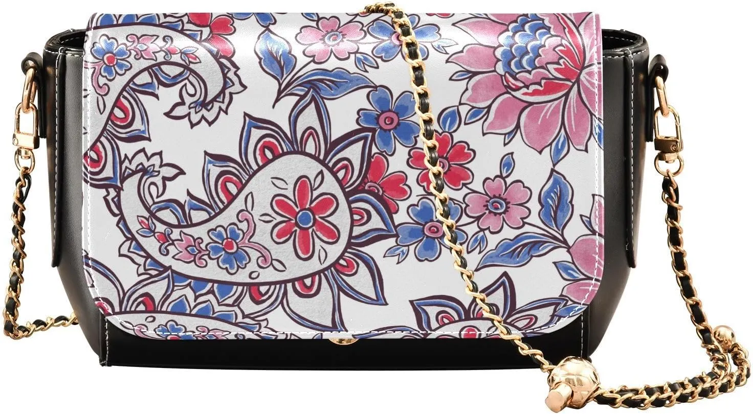 Paisley Blue Red Flowers Pattern Crossbody Bags for Women, Trendy Small Shoulder Bag, PU Leather Clutch Purse Underarm Handbag Satchel HandBag with Adjustable Metal Chain