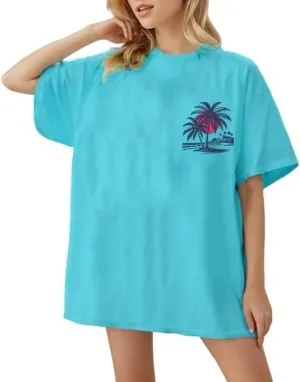 Palm Tree Beach Oversized T Shirt Womens Funny Summer Hawaiian Beach Graphic Shirts Trendy Tropical Vacation Tee Tops