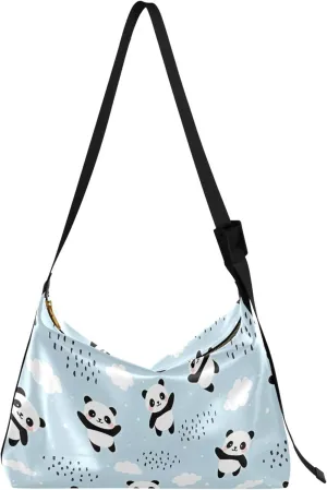 Panda Happy Cute Cloud Sky Blue PU Leather Shoulder Bag Hobo Large Purses Cute Animal Print Women Purse Hobo Bags