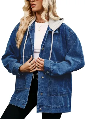 PAODIKUAI Women's Oversized Denim Jacket Casual Long Sleeve Vintage Jean Jacket Top Coat with Detachable Hood
