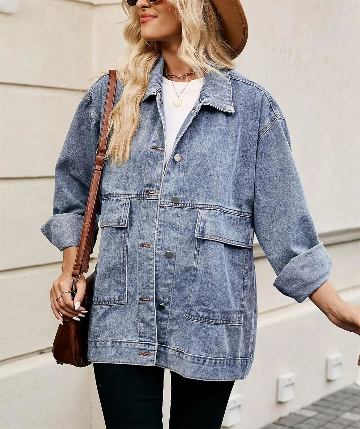 PAODIKUAI Women's Oversized Denim Jacket Casual Long Sleeve Vintage Jean Jacket Top Coat with Detachable Hood