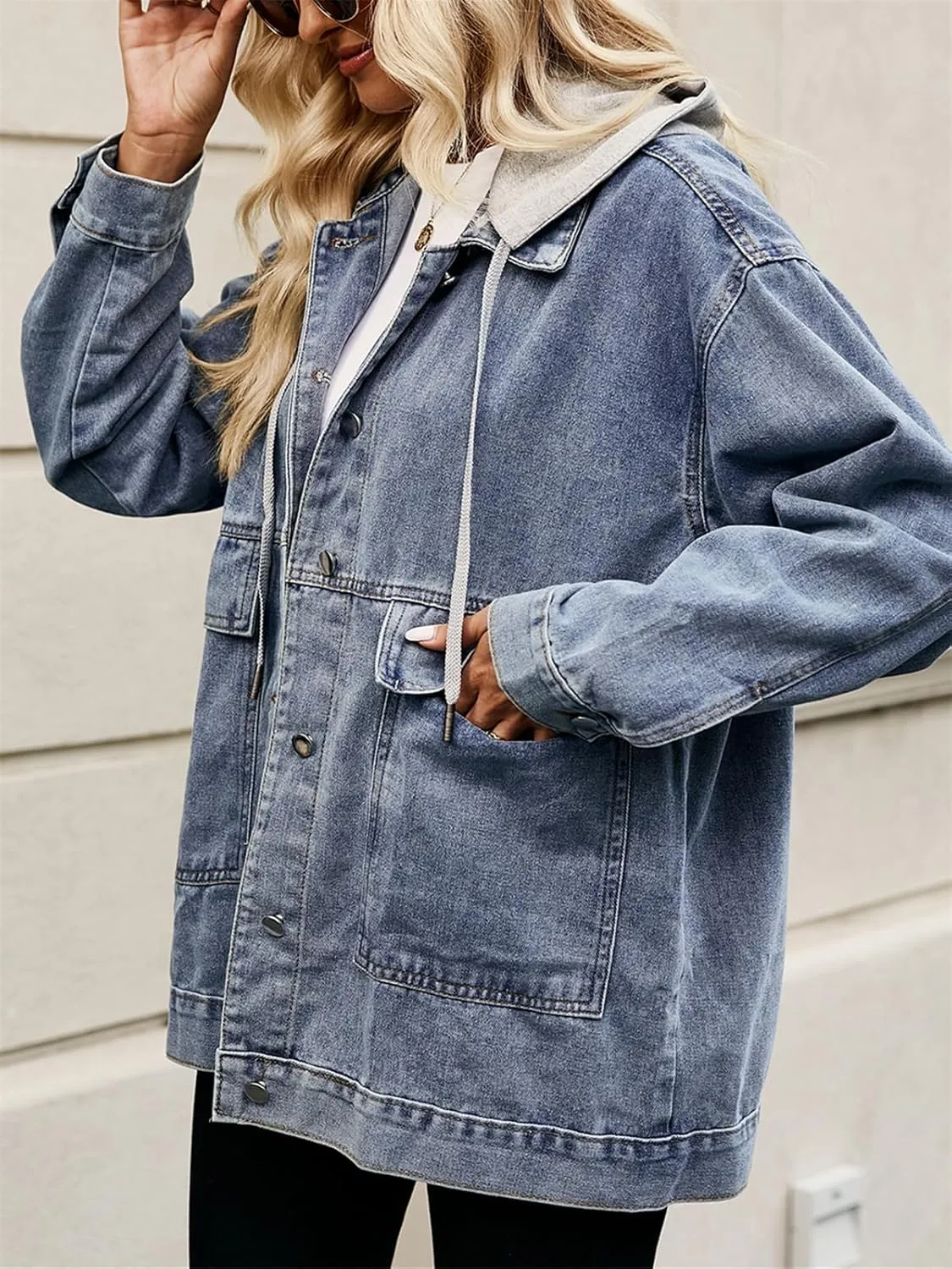 PAODIKUAI Women's Oversized Denim Jacket Casual Long Sleeve Vintage Jean Jacket Top Coat with Detachable Hood