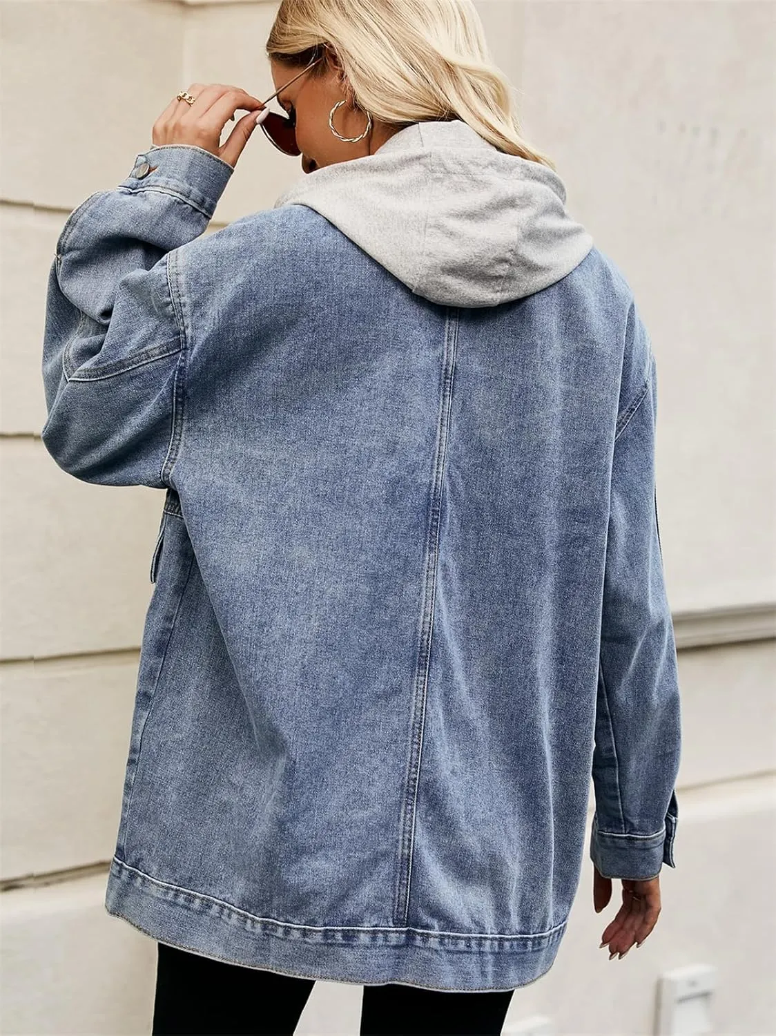 PAODIKUAI Women's Oversized Denim Jacket Casual Long Sleeve Vintage Jean Jacket Top Coat with Detachable Hood