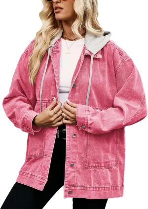 PAODIKUAI Women's Oversized Denim Jacket Casual Long Sleeve Vintage Jean Jacket Top Coat with Detachable Hood
