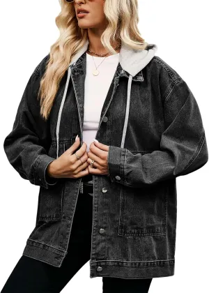 PAODIKUAI Women's Oversized Denim Jacket Casual Long Sleeve Vintage Jean Jacket Top Coat with Detachable Hood