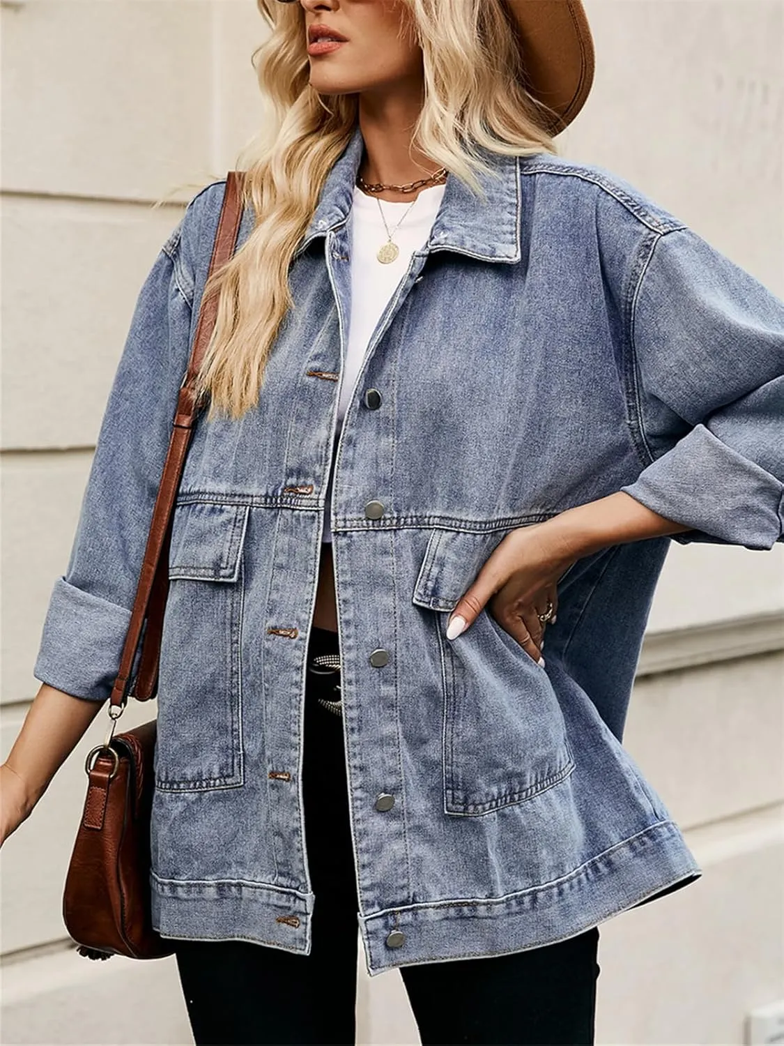 PAODIKUAI Women's Oversized Denim Jacket Casual Long Sleeve Vintage Jean Jacket Top Coat with Detachable Hood