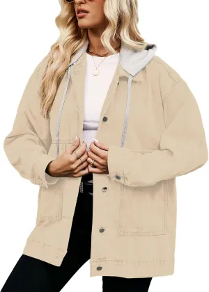PAODIKUAI Women's Oversized Denim Jacket Casual Long Sleeve Vintage Jean Jacket Top Coat with Detachable Hood