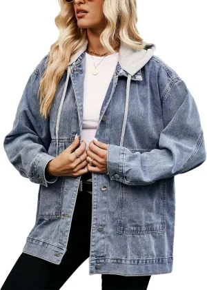 PAODIKUAI Women's Oversized Denim Jacket Casual Long Sleeve Vintage Jean Jacket Top Coat with Detachable Hood