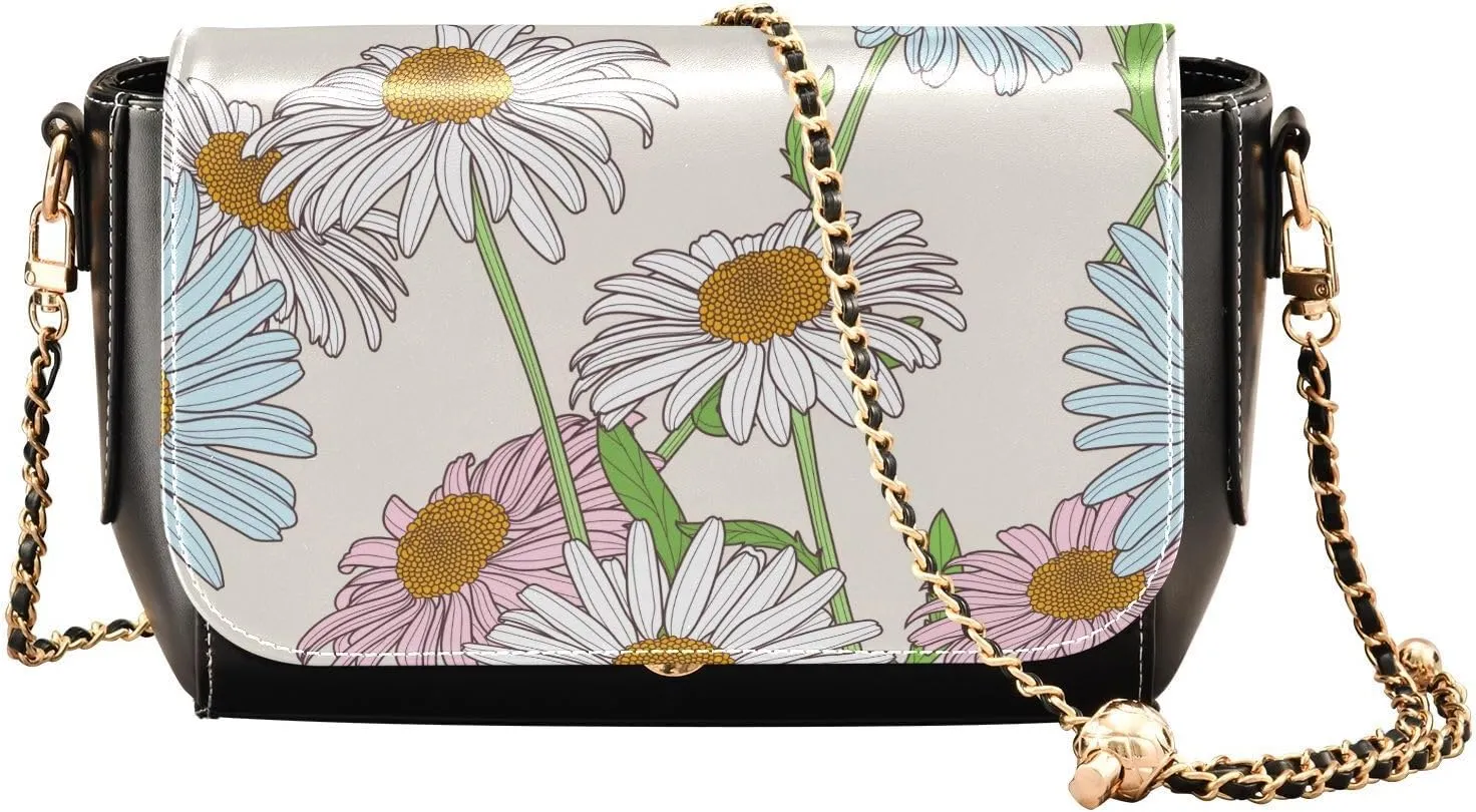 Pastel Chamomile Flowers Crossbody Bags for Women, Trendy Small Shoulder Bag, PU Leather Clutch Purse Underarm Handbag Satchel HandBag with Adjustable Metal Chain