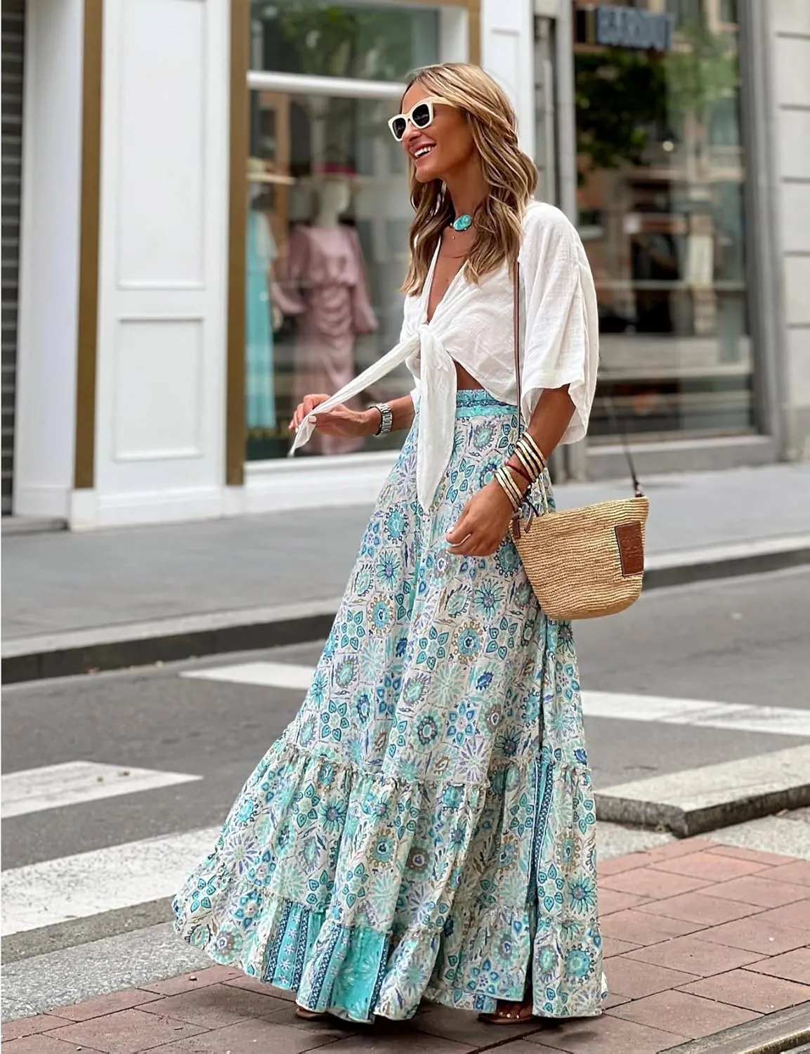 Perbai Women's Floral Print Boho Maxi Skirt High Waisted A Line Pleated Ruffle Flowy Long Skirts