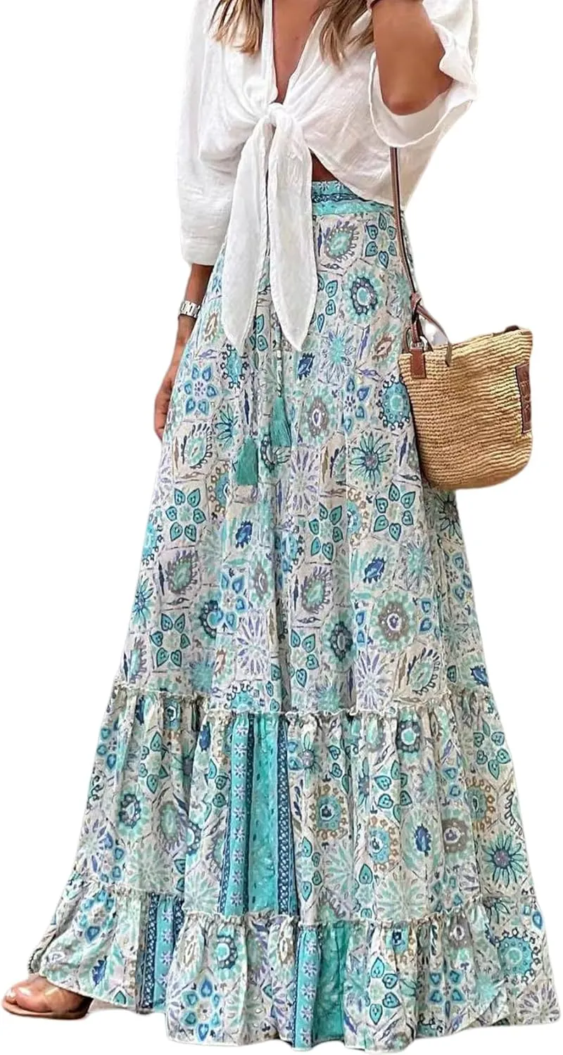Perbai Women's Floral Print Boho Maxi Skirt High Waisted A Line Pleated Ruffle Flowy Long Skirts